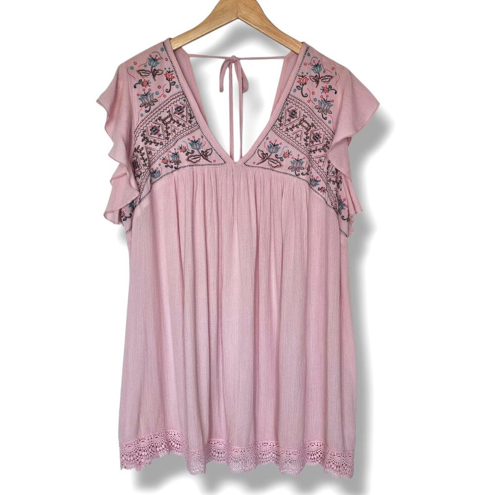 Kelly Renee Tunic Top 1X Embroidered Boho Ruffle Sleeve Daylily Pink Crochet Hem